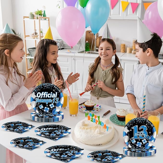 Qyeahkj 100 Pcs 13th Birthday Decorations for Boys Official Teen Supplies Plate Napkin Forks Set Disposable Blue 13th Birthday Tableware Paper Plates Dinnerware for Kids Teenager Favors Serve 25
