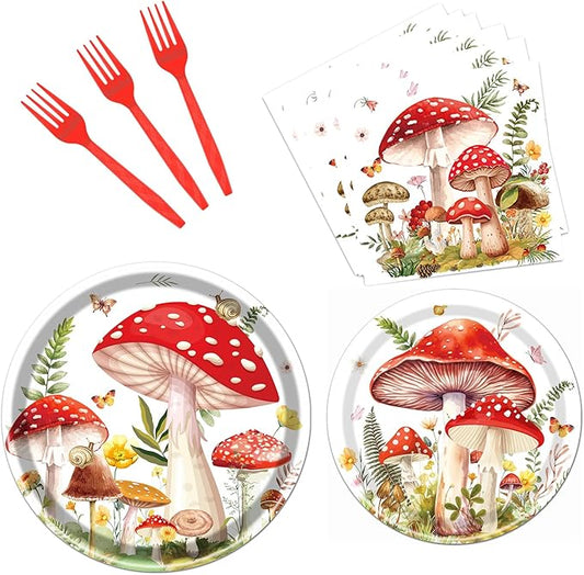 Mushroom Party Decorations Supplies, 96PCS Forest Mushroom Theme Plates Napkins Forks Birthday Decoration, Fairy Tale Party Disposable Paper Tableware Set(24 Guests)