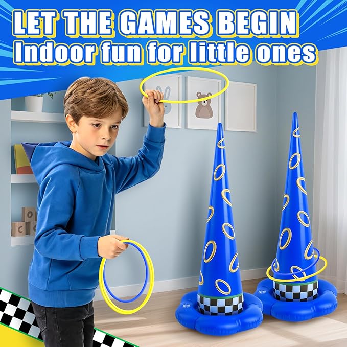 5 Pack Inflatable Ring Toss Game - Blue with Gold Ring Birthday Party Games with 10 Plastic Rings & Pump, Indoor Outdoor Carnival Toss Toy for Kids Party Favors