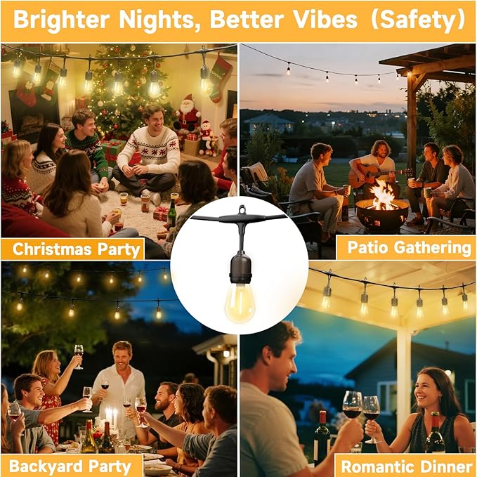 Outdoor Safety String Lights 50FT - Commercial Grade Low Voltage Strand with 20 S14 Shatterproof Bulbs for Tree Garden Yard bistro Cafe | Warm Yellow 3500K Party Lights | IP65 Waterproof | UL Listed