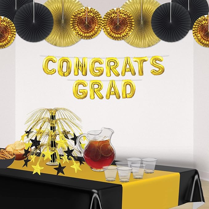 Beistle Star Cascade Centerpiece – Metallic Gold and Black Fringe Table Decoration with Hanging Cord, Clear Base, New Year’s Eve Décor, Graduation Celebration, Awards Night VIP Party Accent, 18"