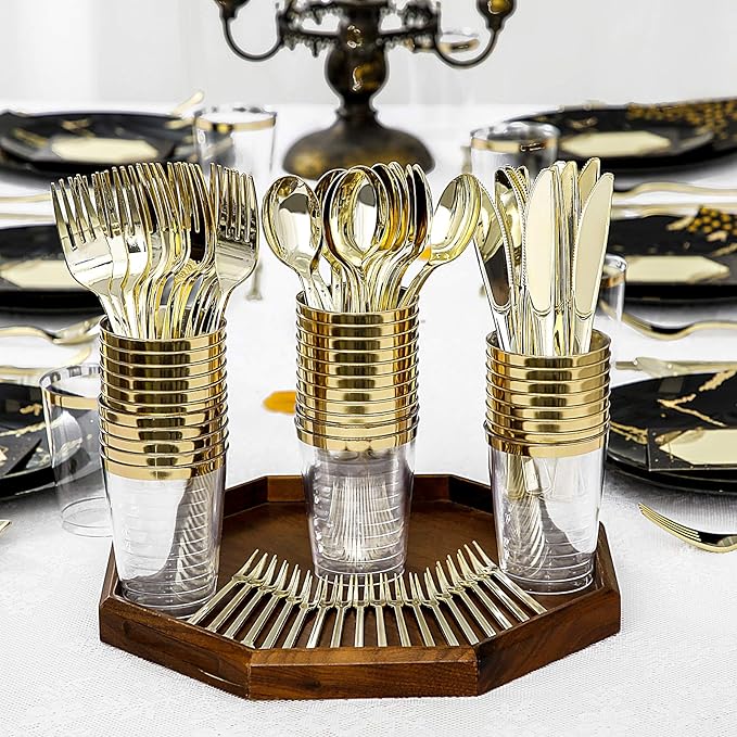 N9R 225pcs Black Gold Plastic Plates, Disposable Dinnerware Set Include 25 Dinner Plates, 25 Dessert Plate, 25 Plastic Silverware, 25 Mini Forks, Gold Cups, Napkins and Table Cards Halloween