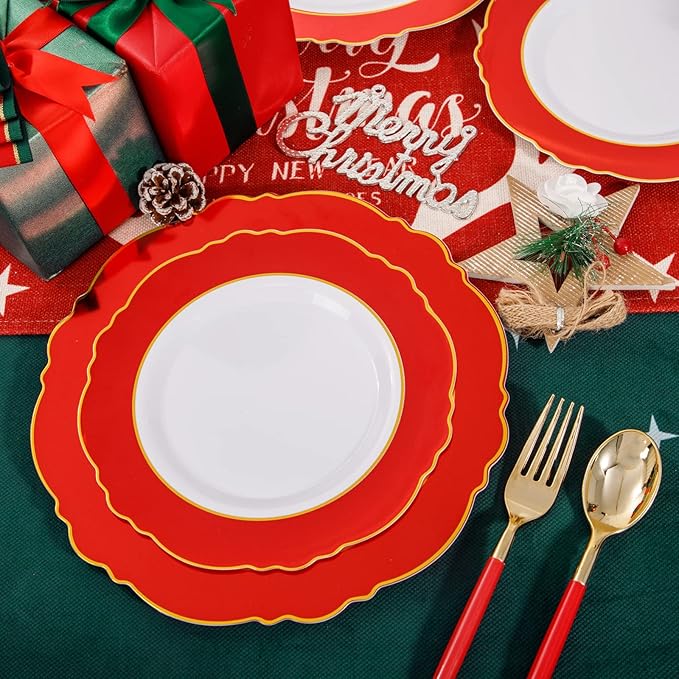 WDF 30Guest Red Plastic Plates - Gold Plastic Silverware With Red Handle - Red Plates Disposable- Baroque Plastic Dinnerware for Wedding Baby Shower Spring Birthday