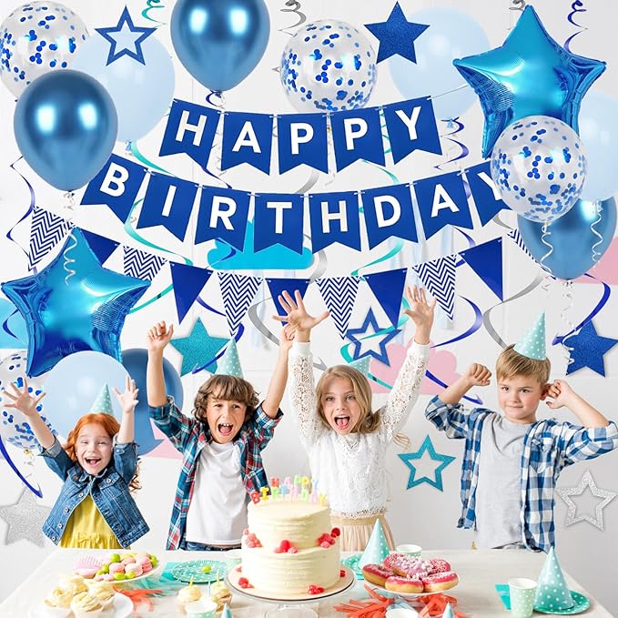 Blue Birthday Decorations, Happy Birthday Banner and Blue Star Balloons, Glitter Hanging Stars with Hanging Swirls, Bunting Banner, for Women Men Boys Party Decoration