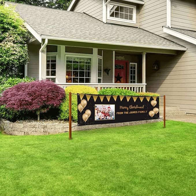 Personalized Merry Christmas Banners and Signs Customize with Family Name Photo Custom Xmas Holiday Decor for Indoor Outdoor 6'x2'