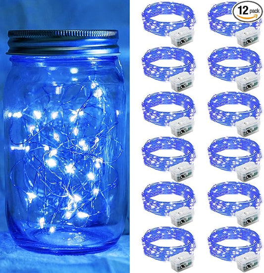 12 Pack Blue Fairy Lights 7Ft 20 LED Twinkle String Lights 3 Modes Battery Operated Waterproof Firefly Starry for Mason Jar Wedding Party 4th of July Christmas Day Table Centerpieces