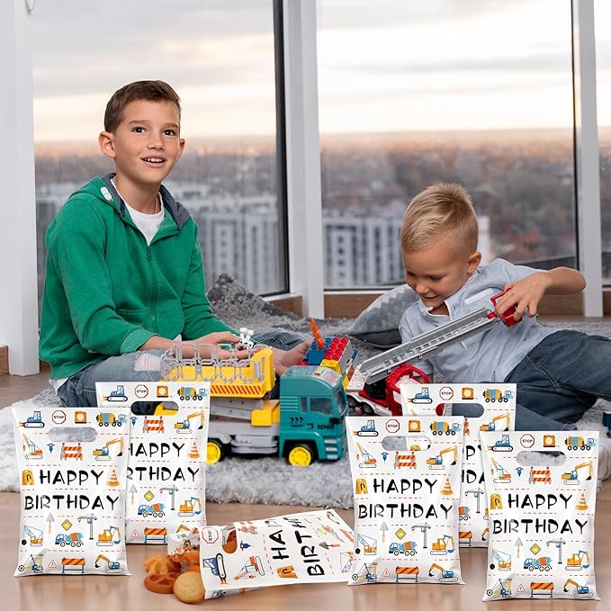 Hxezoc 50 Pieces Construction Gift Bags with Handle, Plastic Treat Candy Bag Construction Vehicle Favor Bag for Boys Kids Birthday Party Decoration Supplies