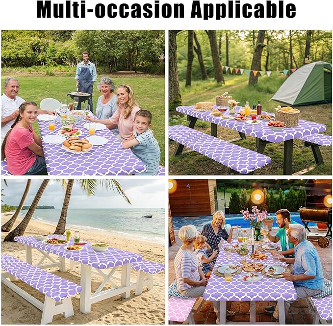 Smiry Picnic Table Cover with Bench Covers, Waterproof Elastic Fitted Tablecloth for 6 Foot Tables, Washable Polyester Tablecloths for Camping, Indoor & Outdoor (Lavender, 30x72 Inch 3-pc Set)