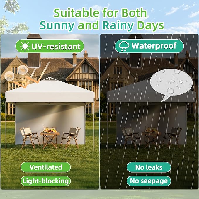 10X10FT White Pop Up Canopy Tent with 1 Sidewalls & Roller Carrybag, Outdoor Adjustable Height Instant Shelter Gazebo with Sturdy Ground Spikes & Sandbags for Camping, Patio, Backyard, Event