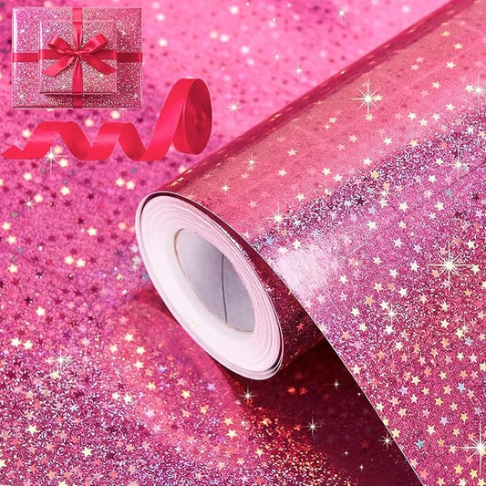 Bafeil Pink Wrapping Paper Roll, Holographic Wrapping Paper Birthday Girl, 80gsm Iridescent Star Gift Wrap Papers for Birthday, Wedding, Baby Shower, Mothers Day, Graduation 17 IN x 32.8 FT