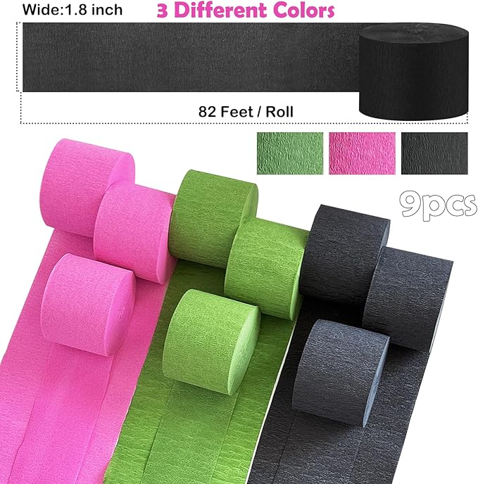 Pink Green & Black Crepe Paper Streamers Party Decorations for Birthday, Flamingo, Hip-Hop, Witch Themed Party etc. 9 Rolls