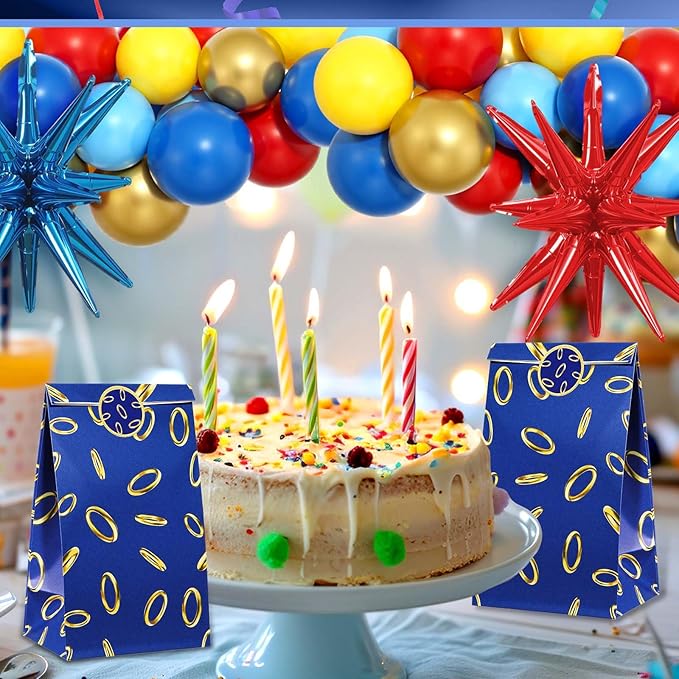 Faccito 24 Pcs Blue and Gold Ring Party Favors Bags Blue Gold Ring Goodies Candy Bags with Stickers Carton Themed Birthday Party Decorations for Gaming Candy Treat Snack Supplies