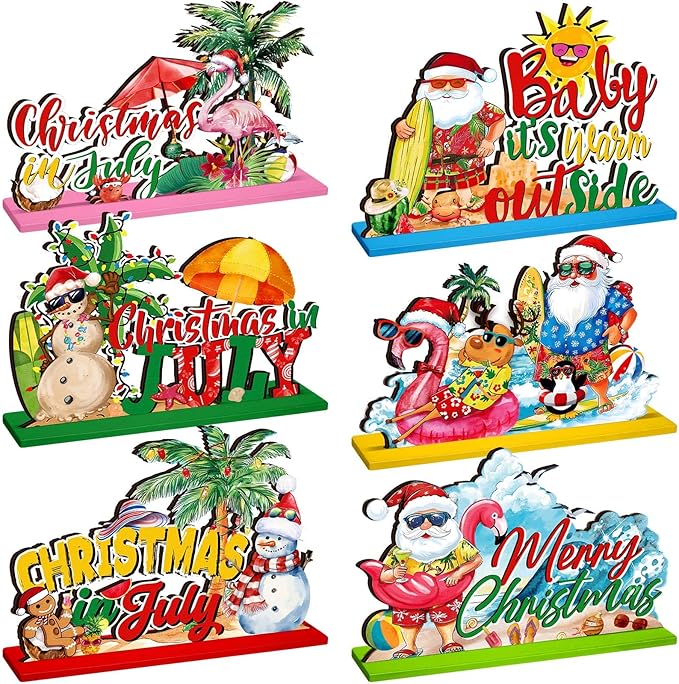 Suzile 6 Pcs Christmas in July Table Decoration July Summer Wooden Table Centerpieces Signs Santa Flamingo Palm Tree Theme Beach Party Decorations Home Table Desktop Favors Supplies