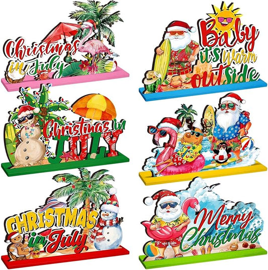 Suzile 6 Pcs Christmas in July Table Decoration July Summer Wooden Table Centerpieces Signs Santa Flamingo Palm Tree Theme Beach Party Decorations Home Table Desktop Favors Supplies