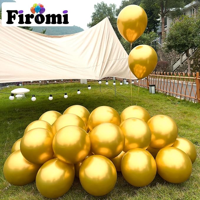 Firomi Metallic Gold Balloons 12-inch 100 Pack Helium Big Shiny Round Chrome Gold Thicken Latex Balloon for Wedding Birthday Party Gold Party Balloons (with 3 Ribbons)