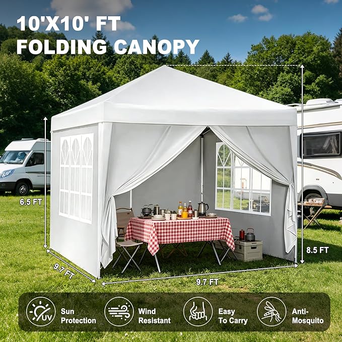 10x10 Pop Up Canopy Tents for Parties, Portable Outdoor Tent with Carry Bag & 4 Sandbags, for Wedding, Patio Events, Commercial, Birthday, Graduation (White, 10x10)