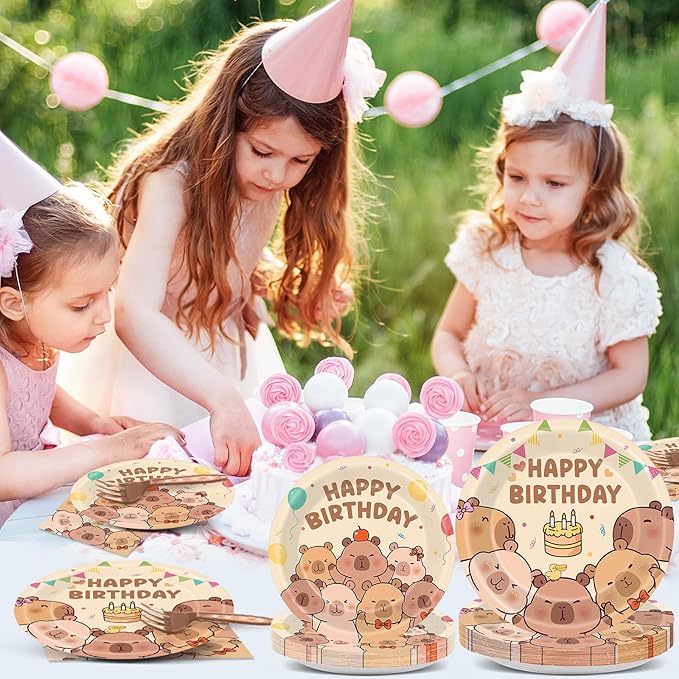 96Pcs Capybara Birthday Party Decorations Capy Birthday Tableware Set Cute Cartoon Animals Disposable Paper Plates Napkins Capybara Party Supplies for Kids Baby Shower Favors Table Decor Serves 24