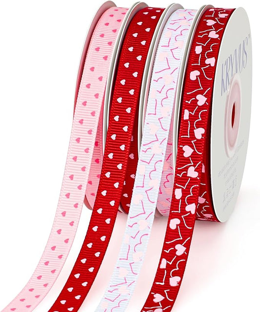 Valentine's Day Ribbon Set - 4 Rolls Heart Printed Grosgrain Ribbon, 3/8 Inch x 60 Yards Total for Gift Wrapping, Crafts, Home Decor, Party Supplies (Red, White, Pink, Hot Pink)