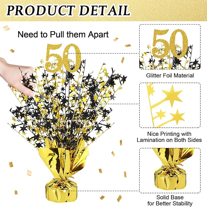 Tatuo 4 Pcs Metallic Foil Spray Centerpiece Happy 30th 40th 50th 60th Years Centerpiece Table Decorations for Black and Gold Birthday Anniversary Wedding Party Table Decor(50th Birthday)