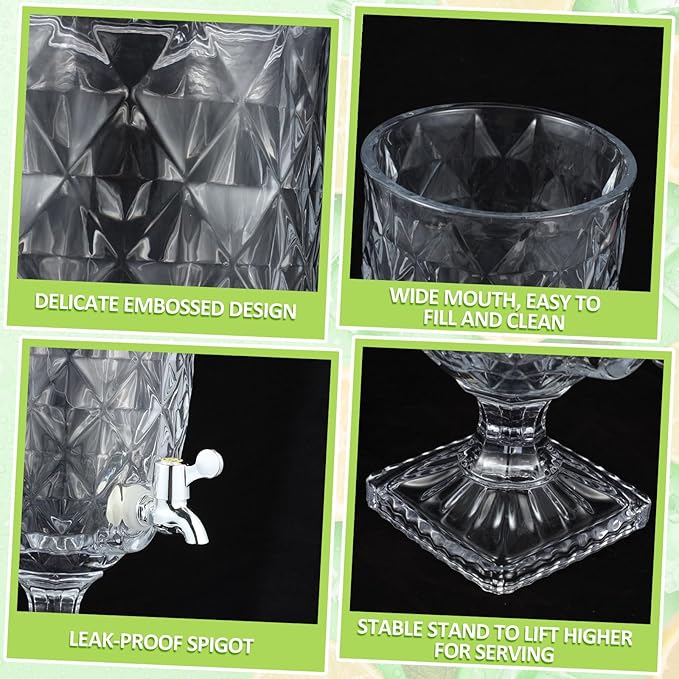 Bokon 2 Pieces Drink Dispensers for Parties Crystal Iced Beverage Dispenser with Stand and Spigot, Glass Liquid Containers Wide Mouth Beverage Server for Juice Tea Wedding(Delicate)