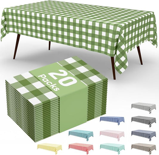 Smiry 20 Packs Gingham Disposable Table Cloth, 54 x 108 Inch Waterproof Plastic Tablecloth, Rectangle Sage Green and White Checkered Table Covers for Picnic, Birthday, Party