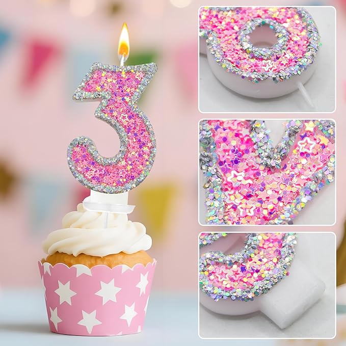 Number 3 Birthday Candle for Cake – Silver Glitter Edge with Pink Star Confetti – Decorative Number Cake Topper for Anniversary & Celebration Party Decor
