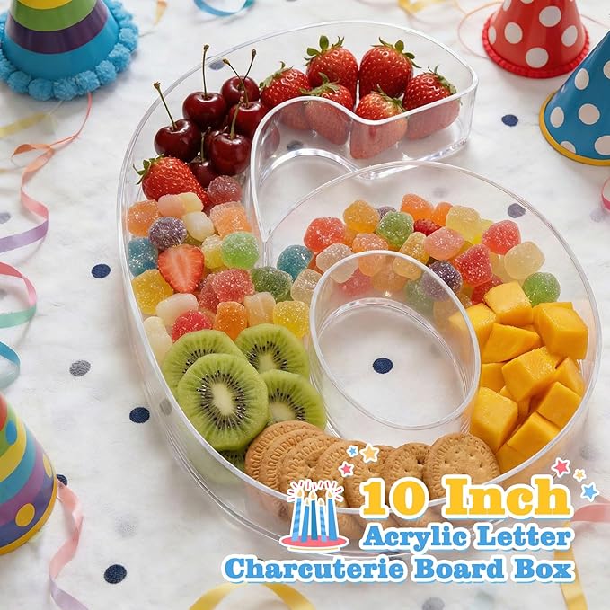 Ledido 10’’ Acrylic Number Charcuterie Board Box, Reusable Fillable Serving Tray for Candy Cake Fruit Snack, Easy-Clean Acrylic Charcuterie Tray for Birthday Anniversary Party Decorations, Number 60