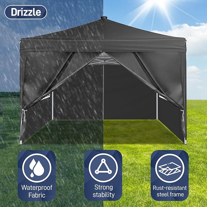 Outvita 10x10ft Ez Pop Up Canopy, Portable Instant Canopy Tent with 4 SideWalls & Meteor LED Lights for Outdoor Events, Party, Wedding, Birthday,Graduation