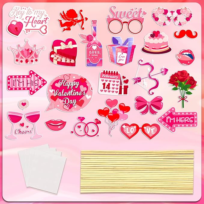 Happy Valentine's Day Photo Booth Props Kit, 24 PCS Selfie Photo Booth Accessories with “Happy Valentine’s Day” Signs, Cute Heart Themed Party Decorations for Valentine’s Party Favors（Red）