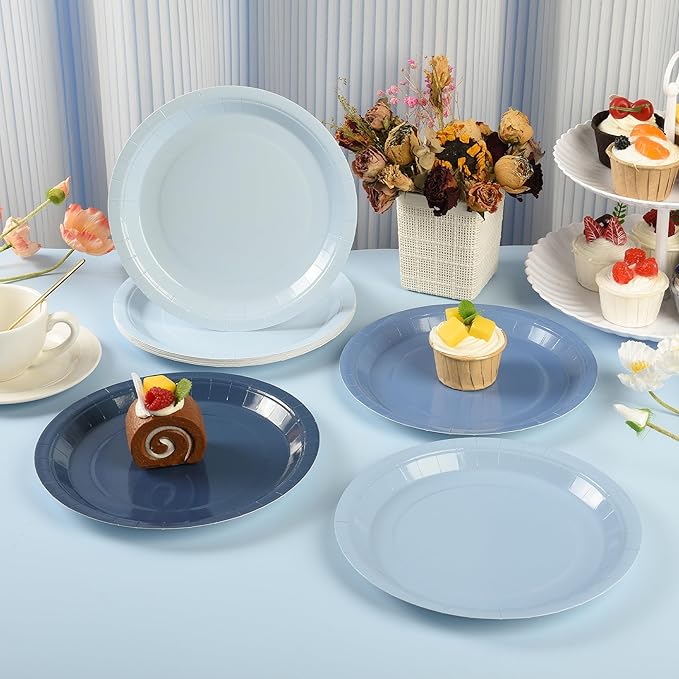 AimFun 24Pcs Dusty Blue Paper Plates Gradient Blue Party Plates 7??Disposable Round Dessert Plates for Father?™s Day Birthday Wedding Bridal Engagement Baby Shower Party Supplies