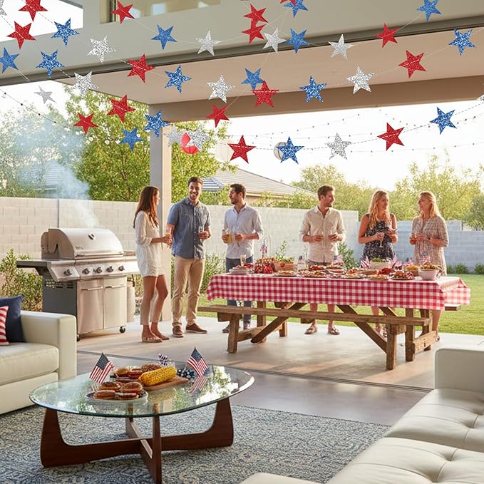 Patelai Glitter Star Garland Banner 2026 Graduation Decor 130 Feet Star Hanging Banner Twinkle Backdrop for Party Birthday Classroom Wedding Supplies(Red, Blue, Silver)