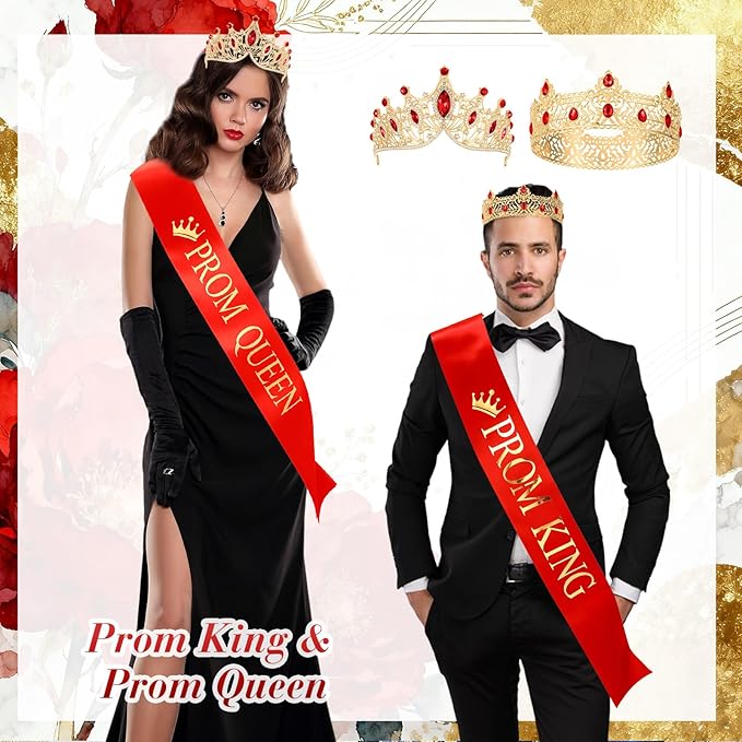 Ferreve 4 Pcs Prom King and Queen Crowns and Sashes Set Prom King and Queen Tiara Sash for Graduation Homecoming Costume Wedding Birthday (Red)