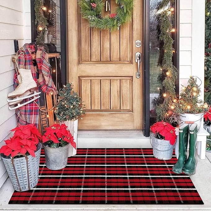 Christmas Red Buffalo Plaid Door Mats Outdoor 2'X3', Cotton Front Door Rug Machine Washable Indoor/Outdoor Area Rug Farmhouse Throw Rug for Layered Door Mats/Porch/Entryway/Kitchen/Bathroom