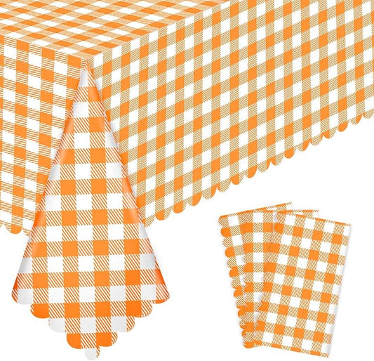 NatNarr 3 Pack Orange Gingham Tablecloth, 54 X 108Inch Plastic Orange Checkered Table Cloth Disposable Scalloped Tablecloths Waterproof Plaid Table Cover for Picnic Wedding Birthday Outdoors Party