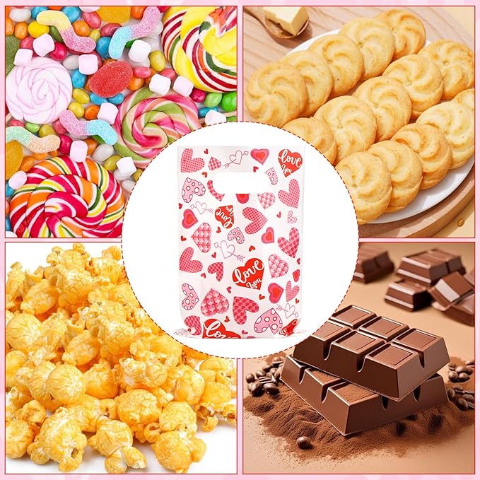 Hxezoc 50 Pieces Valentines Day Gift Bags with Handle, Plastic Treat Candy Bag Heart Goodie Treat Bags for Valentine's Day Anniversary, Baby Showers Birthday Party Supplies