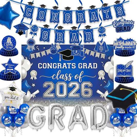 Royal blue silver Balloons GRAD Print Balloons with Banner Table Honeycomb Centerpieces Hanging Swirl backdrop Stars Graduation Cap GRAD Letters Mylar Balloons for 2026 graduate Prom Decorations