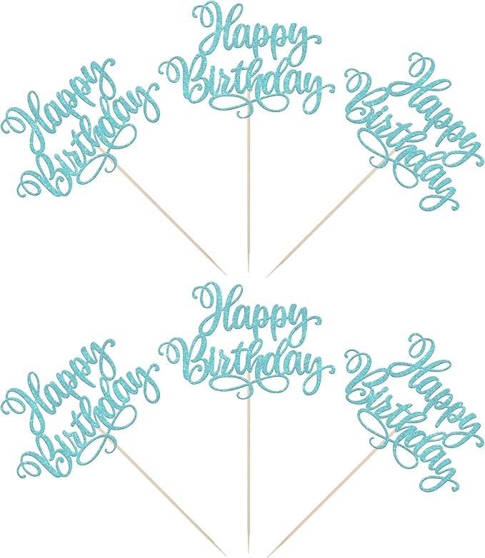 12 PCS Happy Birthday Centerpieces Sticks Double Sided Glitter Birthday Party Decorations Anniversary Table Flower Centerpiece for Celebrating Birthday Party Centerpieces Supplies Light Blue