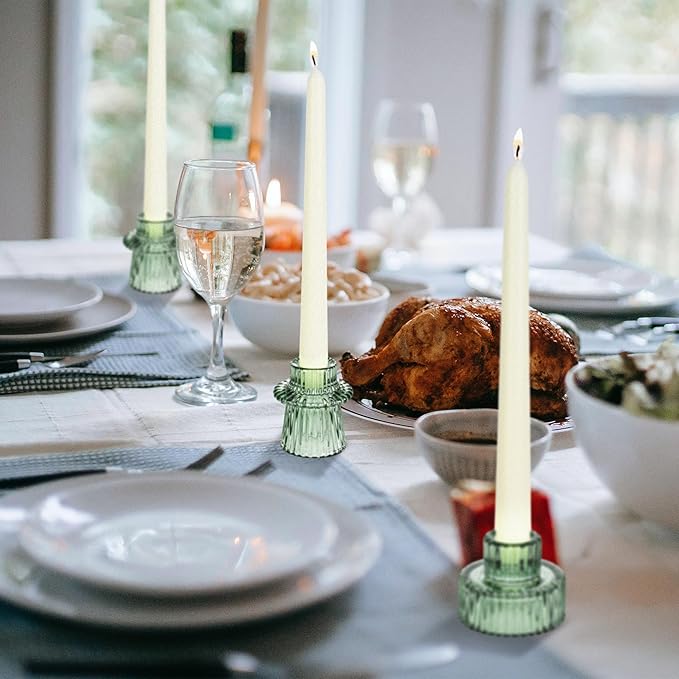 Taper Votive Candle Holder for Pillar Candles Tealight, Candlestick Holder for Wedding Christmas Tea Party, Boho Ribbed Vintage Crystal Glass Table Centerpiece Decor, Bulk Set of 6 (Green)