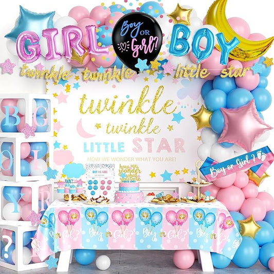 Hombae Twinkle Twinkle Little Star Gender Reveal Decorations, Star Boy or Girl Gender Reveal Decorations Balloon Garland Banner Tablecloth Box Cutout Backdrop Cake Cupcake Topper Poster Sash 172 PCs