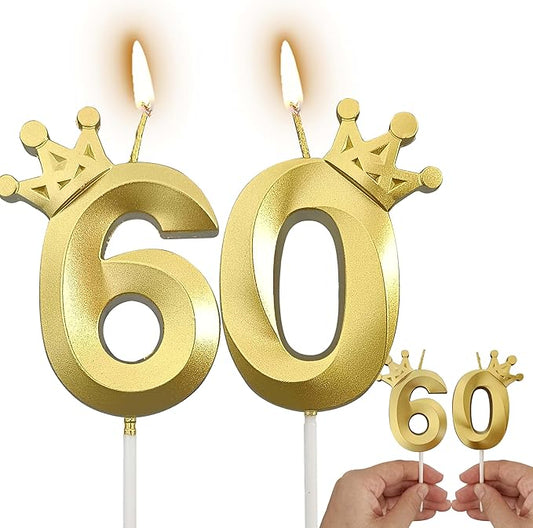 The Number 60 Gold Birthday Candles for Cake is Beautiful Number Candles for 60th Birthday Decorations for Man and Women(Gold-60, Crown)
