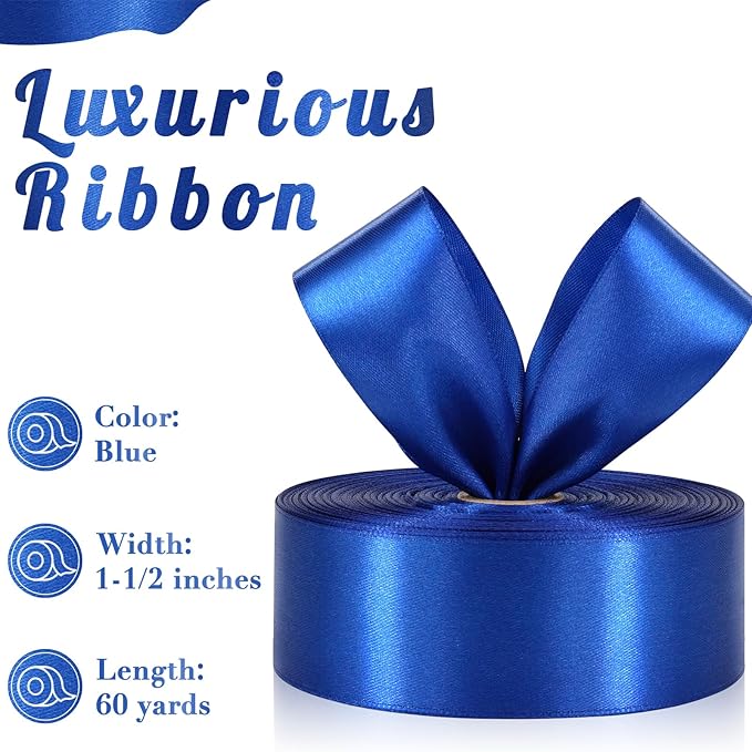 Blue Satin Ribbon 1-1/2 Inch, 60 Yards Royal Blue Polyester Fabric Ribbon for Gift Wrapping, Fabric Ribbon for Flower Bouquet Crafts Wedding Christmas Party