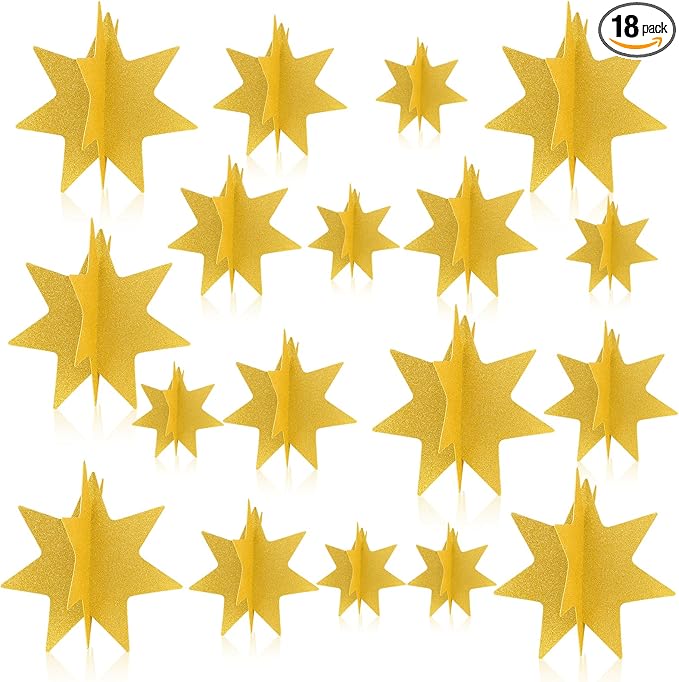 AmazingSpark 18 Pcs Large Star Centerpieces 3D Star Table Decorations in 3 Sizes 10" 8" 6" for Graduation Movie Night Birthday Party Baby Shower Family Gathering Carnival Ceremony (Glitter Gold)