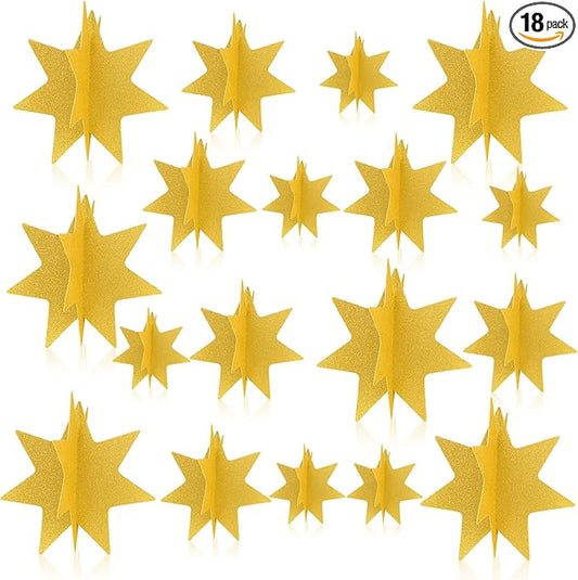 AmazingSpark 18 Pcs Large Star Centerpieces 3D Star Table Decorations in 3 Sizes 10" 8" 6" for Graduation Movie Night Birthday Party Baby Shower Family Gathering Carnival Ceremony (Glitter Gold)