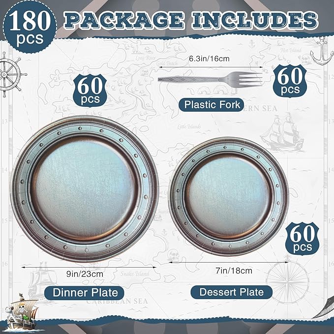 Jingmore 180 Pcs Medieval Party Supplies Disposable Pewter Paper Plates and Forks Tableware Set for Pirate Knight Castle Halloween Decorations Dinner Silver Grey 9" and 7'' Serves 60（Vintage Style）