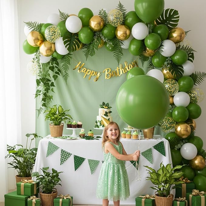LovesTown 150 PCS Sage Green White Gold Balloons Different Size of 18 12 10 5 Inch, Gold Confetti Balloons with Ribbons for Boho Wedding Bridal Shower Safari Birthday Party Decorations