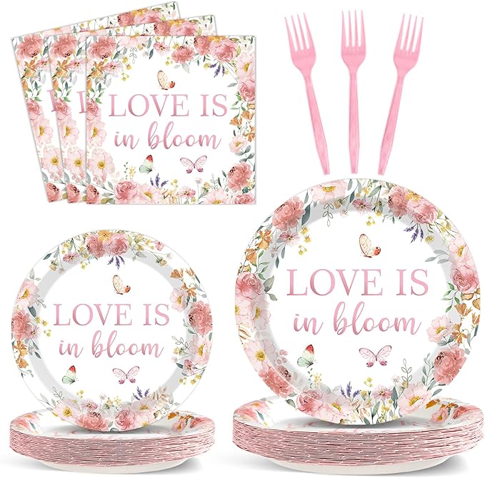 96 pcs Love Is In Bloom Bridal Shower Plates Napkins Sets Pink Floral Bridal Shower Party Supplies Love In Bloom Tableware Party Decoration for Engagement Wedding Decor Serves 24 Guests