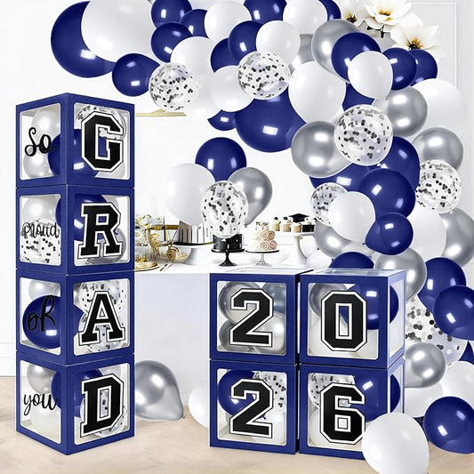 Graduation Decorations 2026 Graduation Party Decorations Set of 4 Boxes with 129pcs Balloons Arch Garland Kit Party Supplies for Any Grades Blue