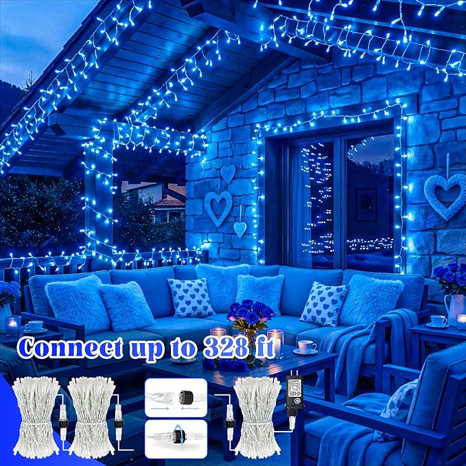 100FT 300 LED Outdoor String Lights, Plug in Christmas Lights Indoor Waterproof with 8 Modes, Connectable Twinkle Fairy Lights Clear Wire for Bedroom Home Wedding Patio Garden Decorations, Blue