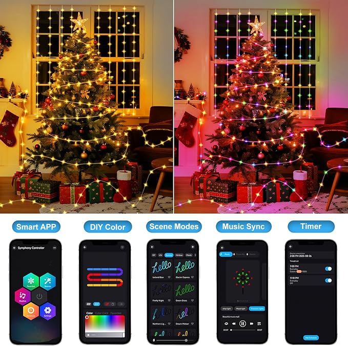 Aogist Color Changing 16ft 50LED Smart Fairy Lights with Music Sync APP Remote Control,USB/Battery Operated Waterproof Timer String Lights for Outdoor Christmas Wedding Bedroom Party Decor