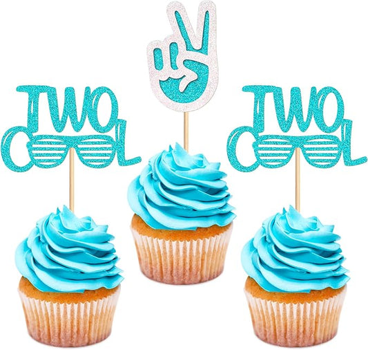 Ercadio 24 Pack Two Cool Cupcake Toppers Glitter Blue Two Cool Happy 2nd Birthday Cake Picks Baby Shower Kids Second Birthday Party Cake Decorations